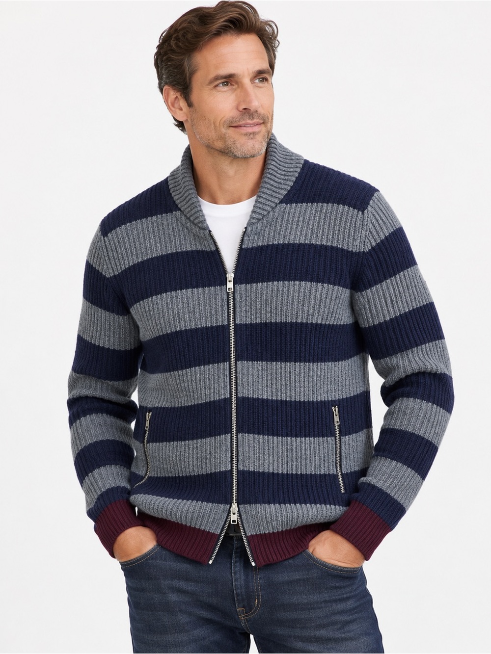 Roberto Collina Men’s Italy Striped Ribbed Wool Knit Zip Cardigan size 48 or M